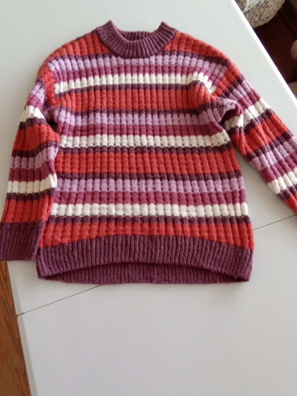 SO Striped Rib-Knit Crewneck Sweater in Plum, Red, and Cream